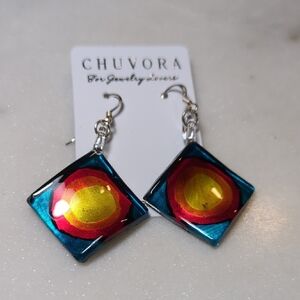 Chuvora 925 sterling silver hand-painted Murano glass blue, red, and orange art.